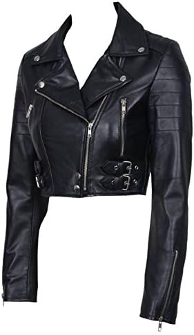 Infinity Women’s Chic Black Cropped Leather Biker Jacket 14