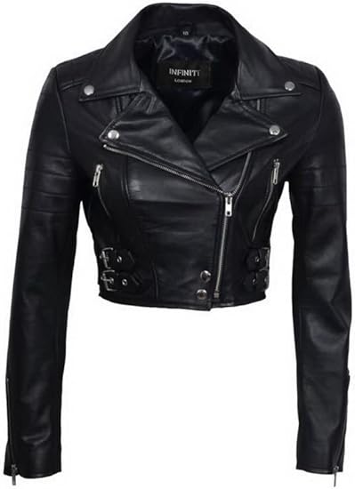 Infinity Women’s Chic Black Cropped Leather Biker Jacket 14