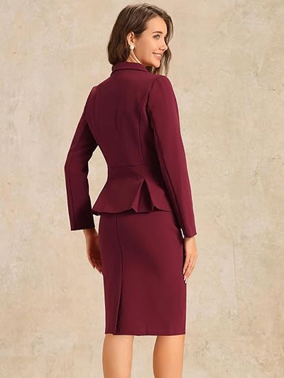 Allegra K Skirt Suit Sets for Women's 2 Piece Formal Office Notched Lapel Peplum Jacket Blazer Pencil Skirts Set