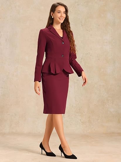 Allegra K Skirt Suit Sets for Women's 2 Piece Formal Office Notched Lapel Peplum Jacket Blazer Pencil Skirts Set