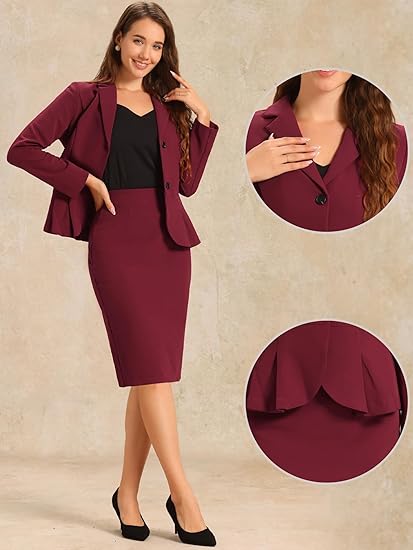 Allegra K Skirt Suit Sets for Women's 2 Piece Formal Office Notched Lapel Peplum Jacket Blazer Pencil Skirts Set